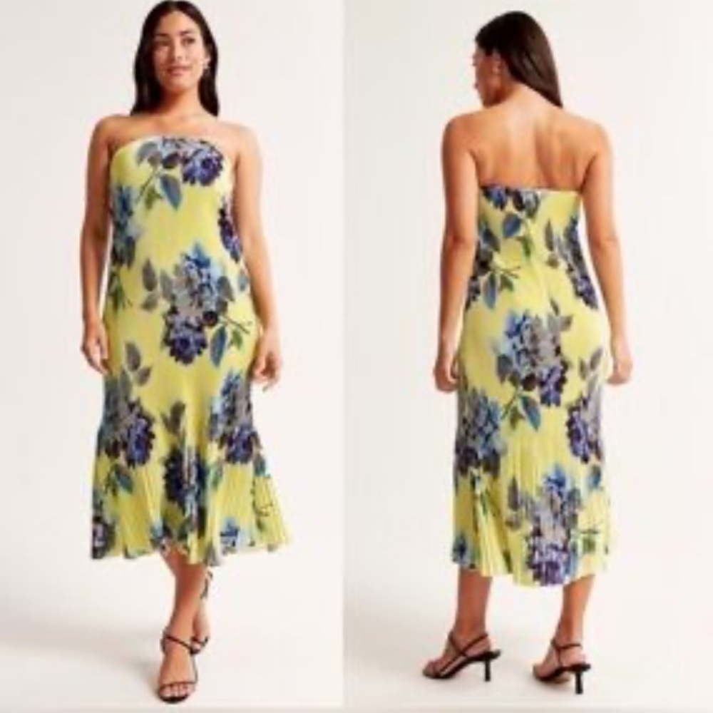 Abercrombie & Fitch Giselle Pleat Release Yellow Strapless Floral Midi Dress